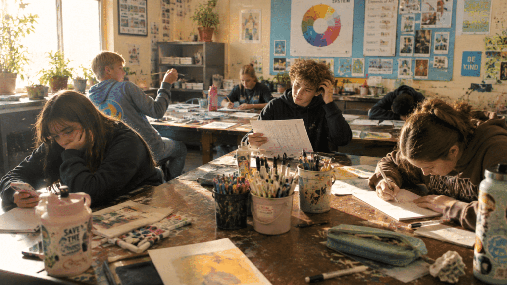 Middle and high school students working quietly on end-of-the-year art projects in a busy art classroom.