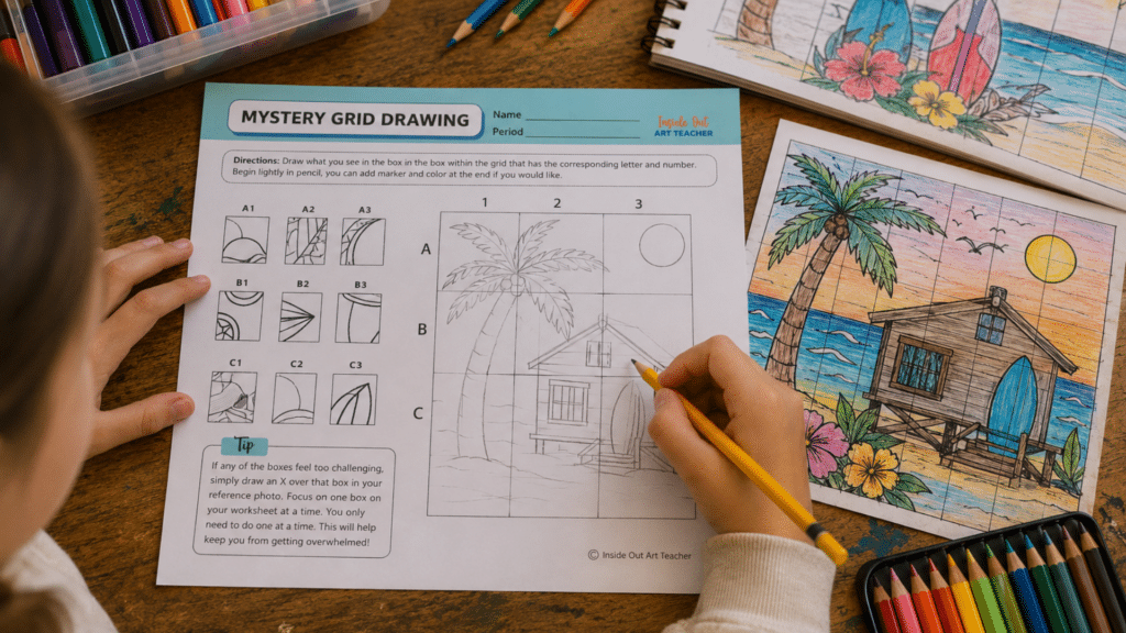 Student working on a summer mystery grid drawing worksheet as an easy end-of-the-year art activity.