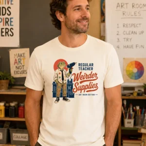 Art supply shirt featuring Regular Teacher Weirder Supplies design