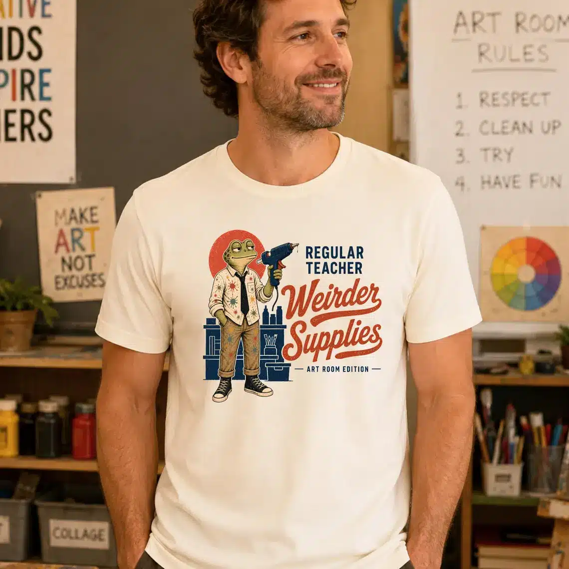 Art supply shirt featuring Regular Teacher Weirder Supplies design