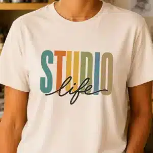 Artist studio shirt featuring Studio Life colorful typography