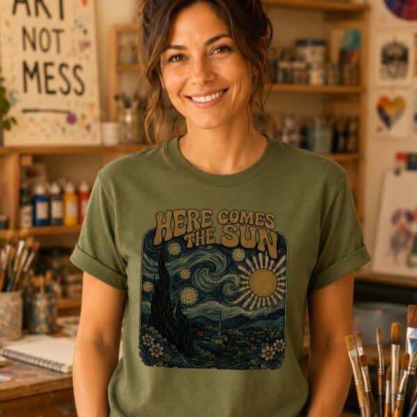 Sunflower Teacher Shirt – Here Comes The Sun Art Inspirational Comfy Teacher Tee - Image 2