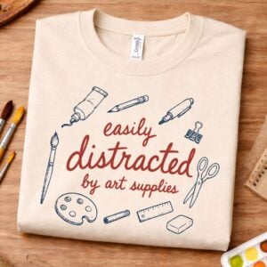 Art supply lover shirt featuring Easily Distracted by Art Supplies design