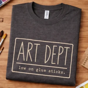Art teacher supplies shirt featuring Low on Glue Sticks design