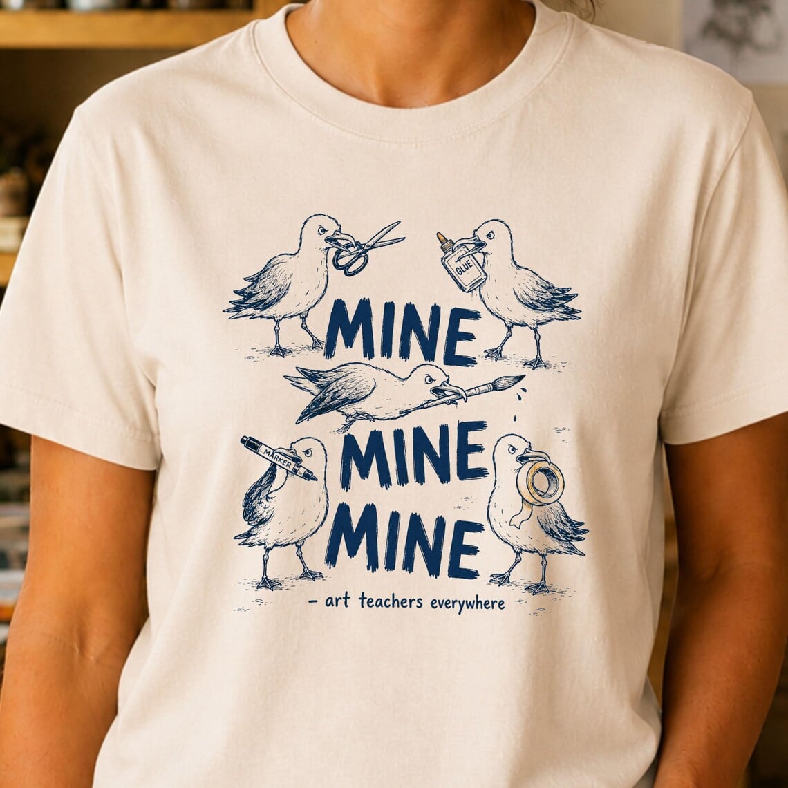 Art teacher supply shirt featuring Mine Mine Mine bird design