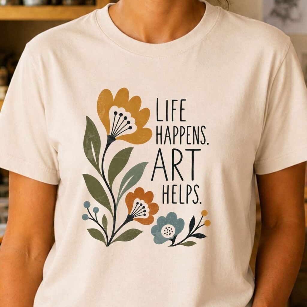 Art therapy shirt featuring Life Happens Art Helps design