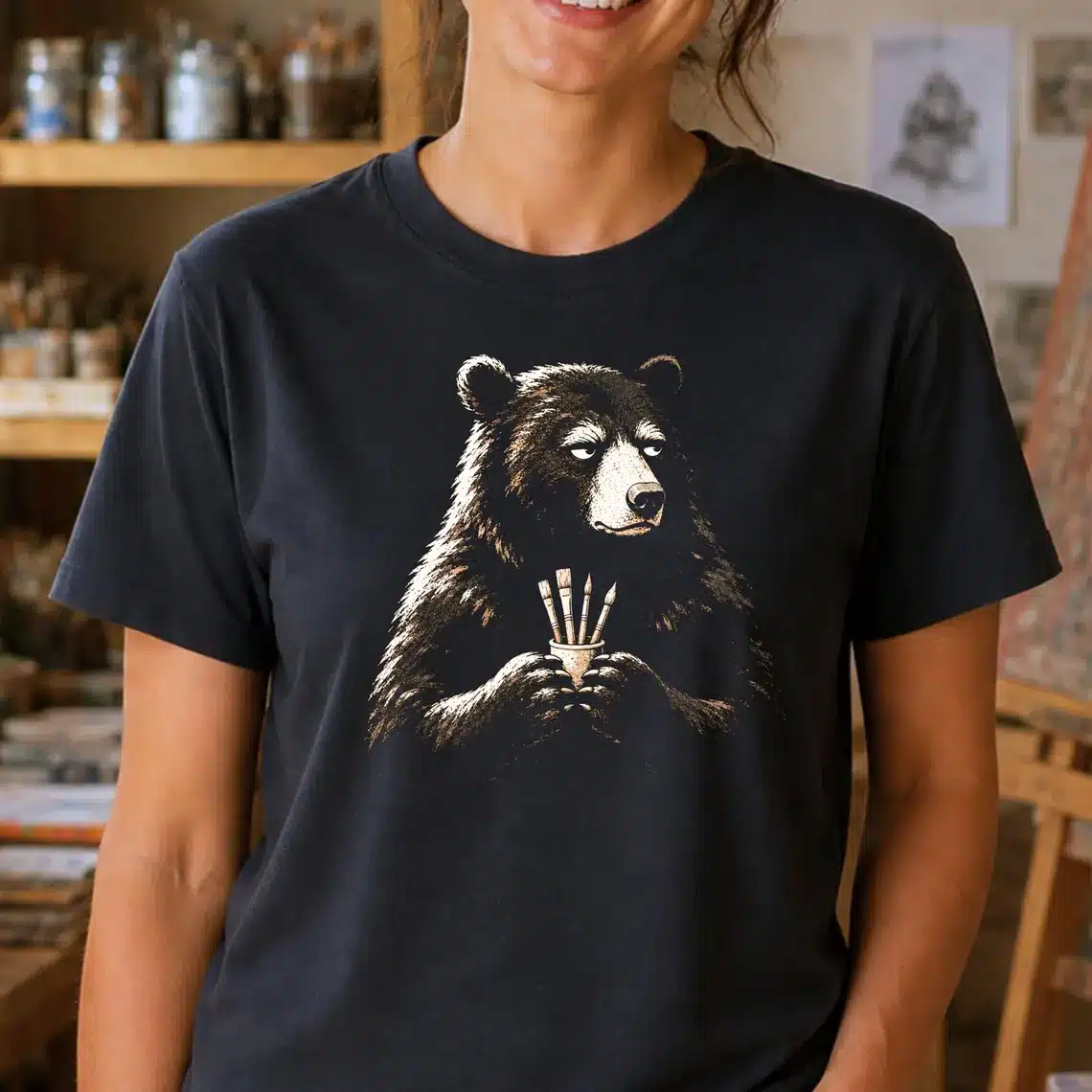 Bear artist shirt featuring black bear with art supplies