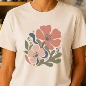 Botanical artist shirt featuring pink floral illustration