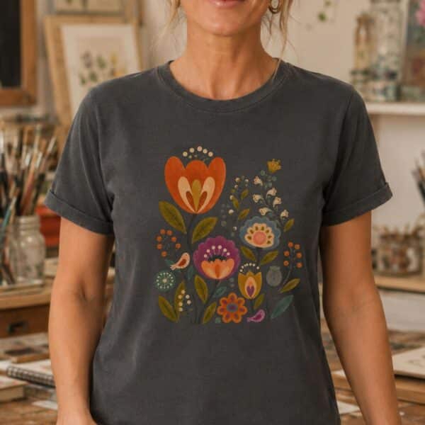 Scandinavian Folk Art Shirt – Vintage Botanical Floral Inspiring Graphic Tee - Image 2