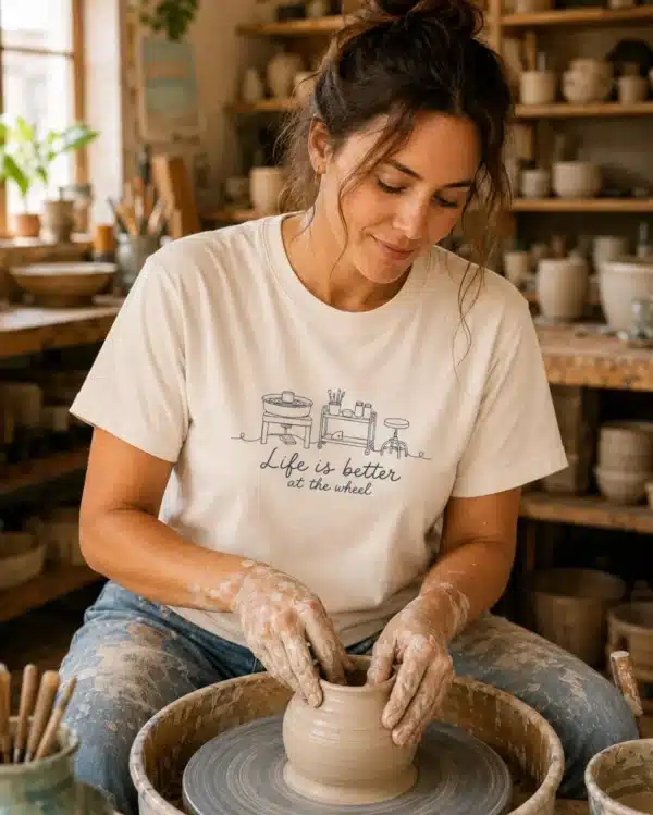 Ceramic artist graphic tee with pottery wheel