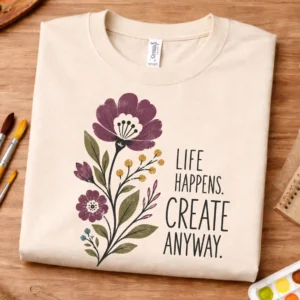 Creative inspiration shirt featuring Life Happens Create Anyway design