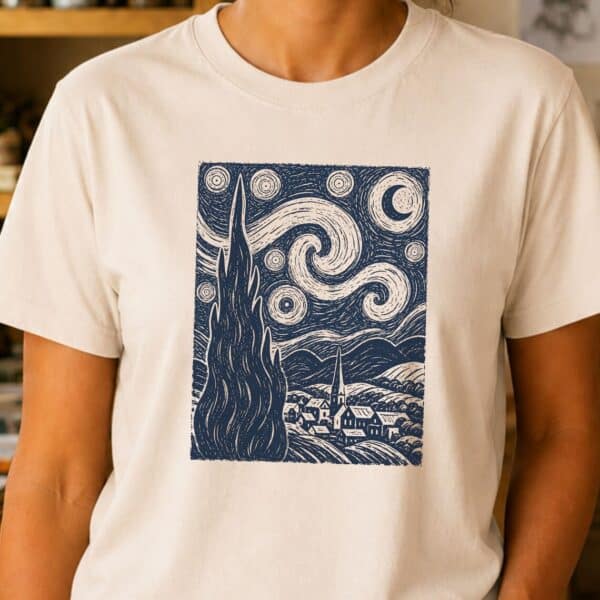 Starry Night Shirt – Van Gogh Inspiring Art Graphic Tee - Image 2