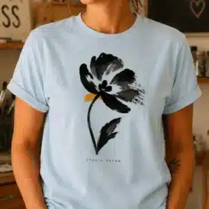 Ink art shirt featuring minimalist black flower illustration