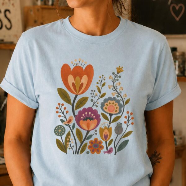 Scandinavian Folk Art Shirt – Vintage Botanical Floral Inspiring Graphic Tee - Image 3
