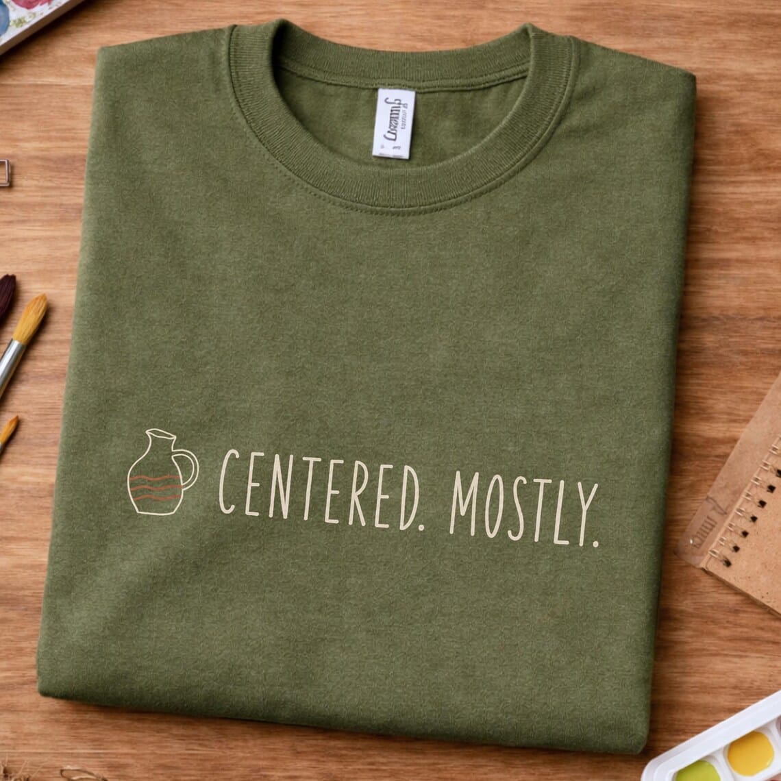 Pottery meditation shirt featuring Centered Mostly design