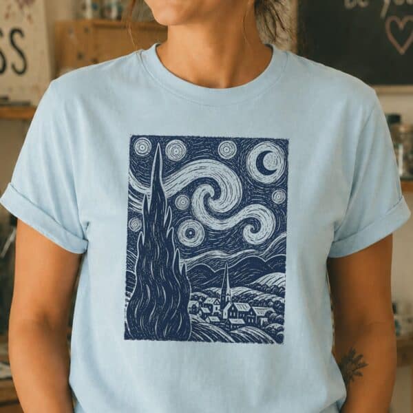 Starry Night Shirt – Van Gogh Inspiring Art Graphic Tee - Image 3