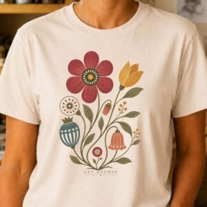 Folk art flower shirt featuring colorful vintage floral design