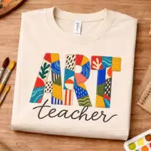 Quilted art teacher shirt with colorful patchwork lettering