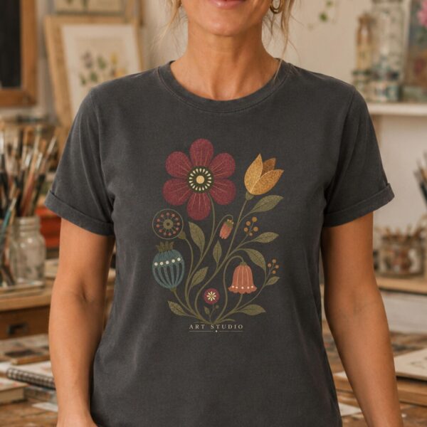 Folk Art Flower Shirt – Vintage Floral Artist Inspiring Graphic Tee - Image 3