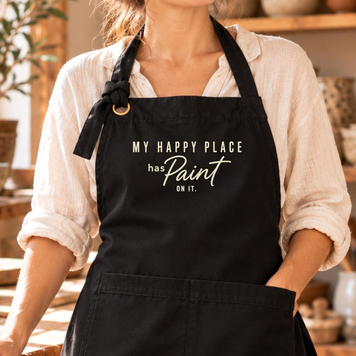 Art teacher apron featuring My Happy Place Has Paint On It