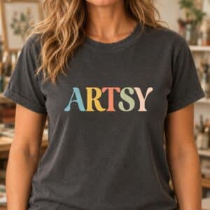 Artsy shirt featuring colorful retro typography