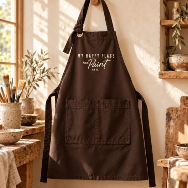 Art Teacher Apron – My Happy Place Has Paint On It Inspiring Apron - Image 3