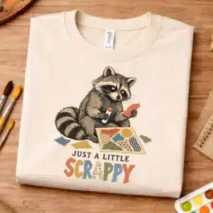 Collage artist shirt featuring Just a Little Scrappy raccoon