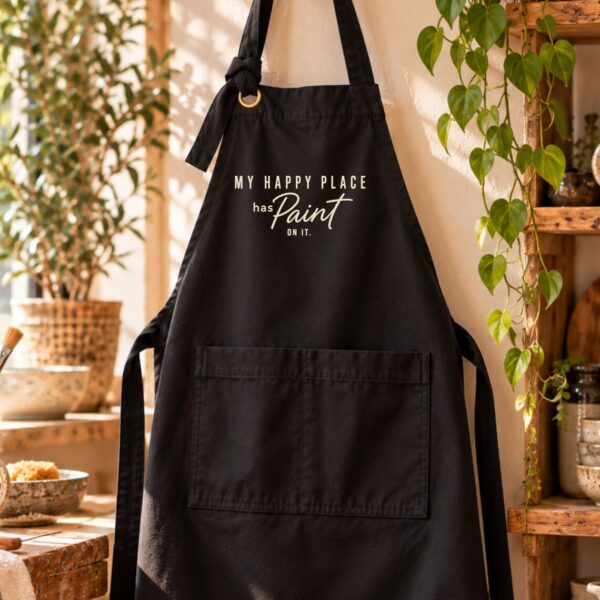 Art Teacher Apron – My Happy Place Has Paint On It Inspiring Apron - Image 2